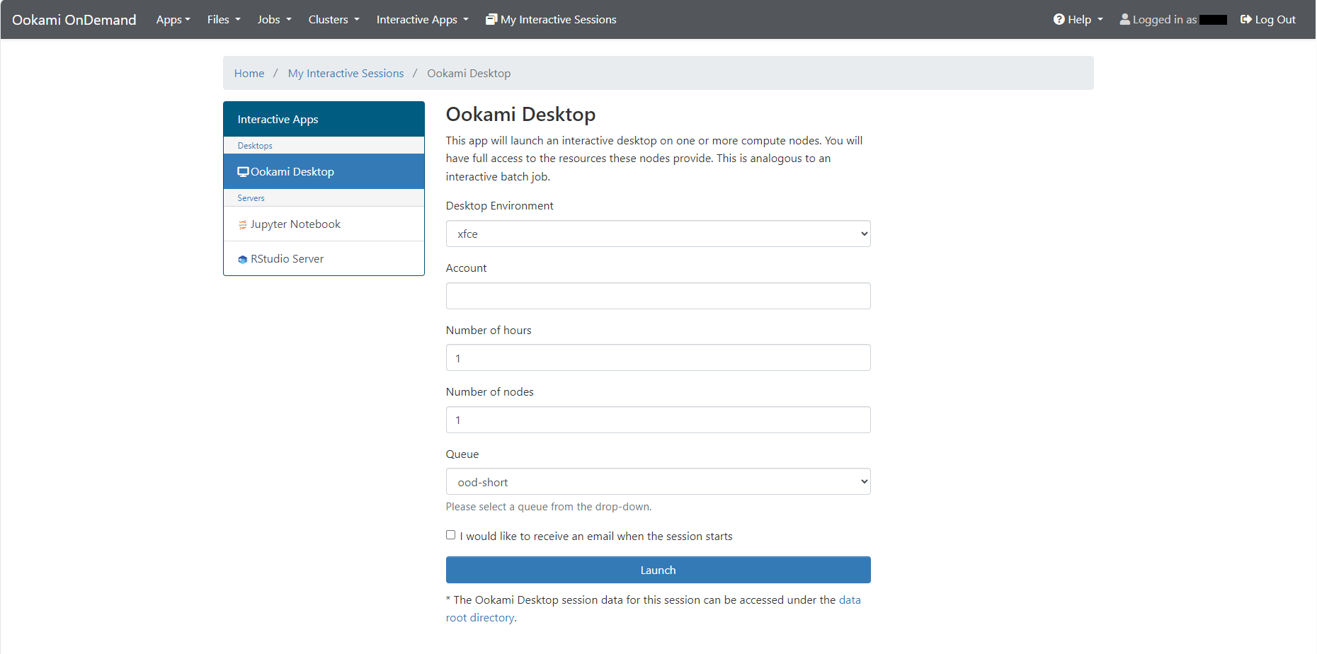 Open OnDemand desktop session request form showing the settings fields